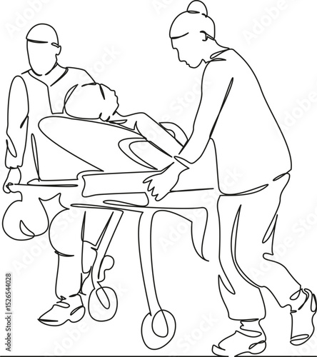 One continuous single drawing line art flat doodle patient, ambulance, doctor, paramedic, car, profession, accident, gurney, medic, pain. Isolated image hand draw contour on a white background, hand d