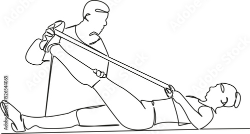 One continuous single drawing line art flat doodle assistance, exercising, patient, recovery, support, working, osteopath. Isolated image hand draw contour on a white background, hand drawn, not AI