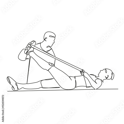 One continuous single drawing line art flat doodle assistance, exercising, patient, recovery, support, working, osteopath. Isolated image hand draw contour on a white background, hand drawn, not AI