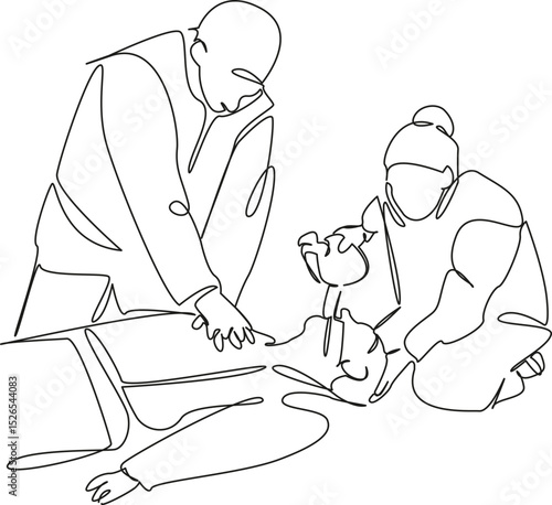 One continuous single drawing line art flat doodle hospital, patient, healthcare and medicine, doctor, adult, emergency room, teamwork, cpr. Isolated image hand draw contour on a white background, han
