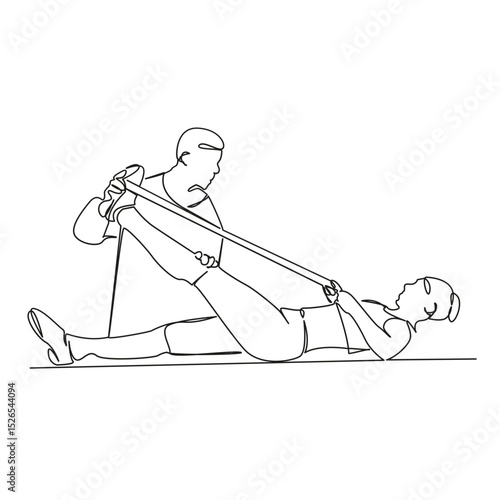 One continuous single drawing line art flat doodle assistance, exercising, patient, recovery, support, working, osteopath. Isolated image hand draw contour on a white background, hand drawn, not AI