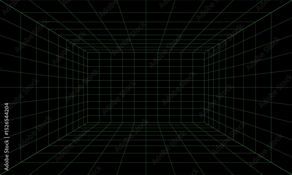 3d wireframe grid room. 3d perspective laser grid 16 9.. Cyberspace black background with green mesh. Futuristic digital hallway space in virtual reality. Vector illustration. 3d wireframe grid room. 3d perspective laser grid 16 9.. Cyberspace black background with green mesh. Futuristic digital hallway space in virtual reality. Vector illustration.