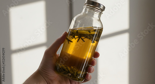 Aromatic Elixir in Glass: A hand delicately cradles a transparent glass bottle containing an elixir, the liquid's amber hue hinting at an array of herbs and freshness.