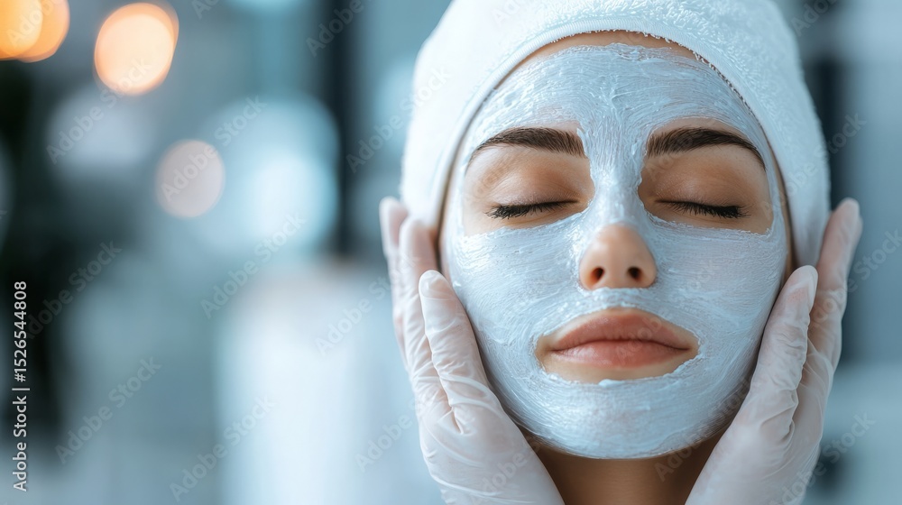 A woman relaxes with a facial mask at a spa, enjoying a rejuvenating skincare treatment with her eyes closed and hands gently touching her face. A woman relaxes with a facial mask at a spa, enjoying a rejuvenating skincare treatment with her eyes closed and hands gently touching her face.