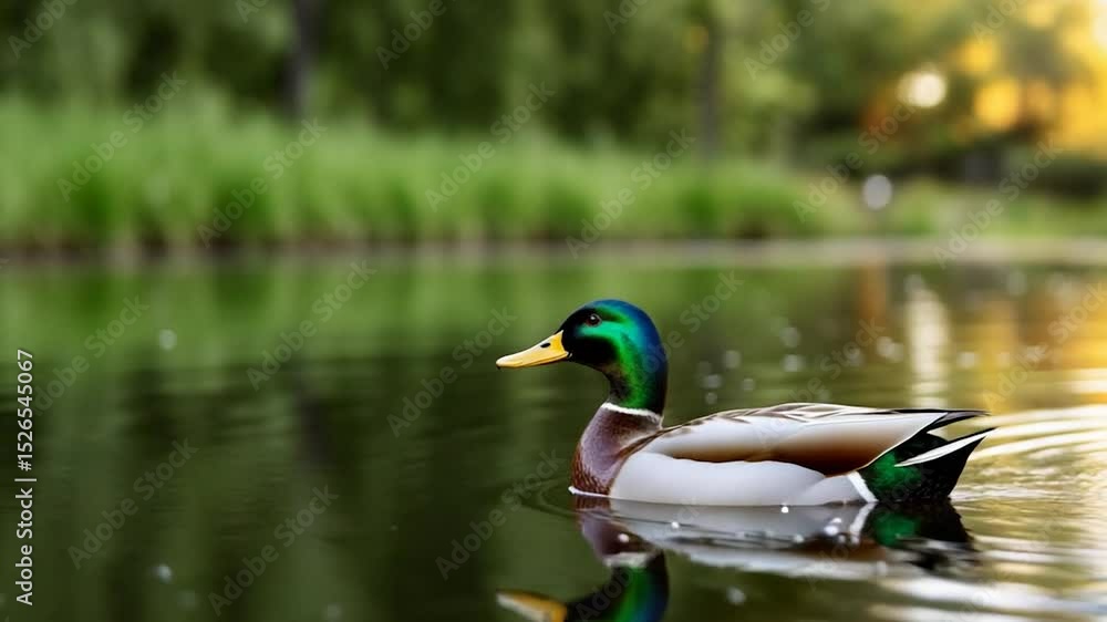 Mallard duck swimming on reflective water surface in nature wildlife scene Mallard duck swimming on reflective water surface in nature wildlife scene