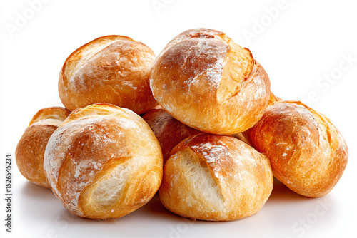 a pile of freshly baked bread rolls on a white surface