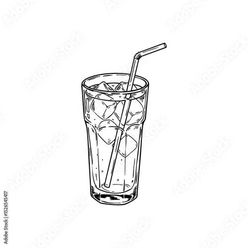 Hand-drawn sketch of a tall glass filled with ice cubes and a straw, capturing the coolness of a refreshing drink