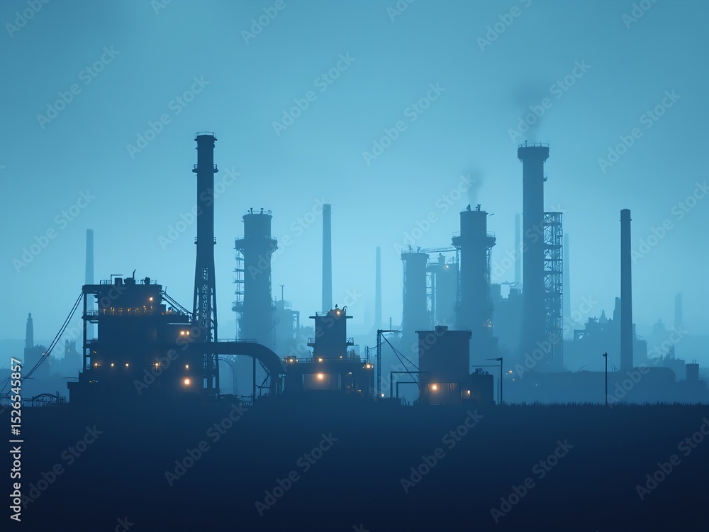 Abstract refinery silhouette with geometric shapes against gradient sky, symbolizing industrial innovation and modern energy production Abstract refinery silhouette with geometric shapes against gradient sky, symbolizing industrial innovation and modern energy production
