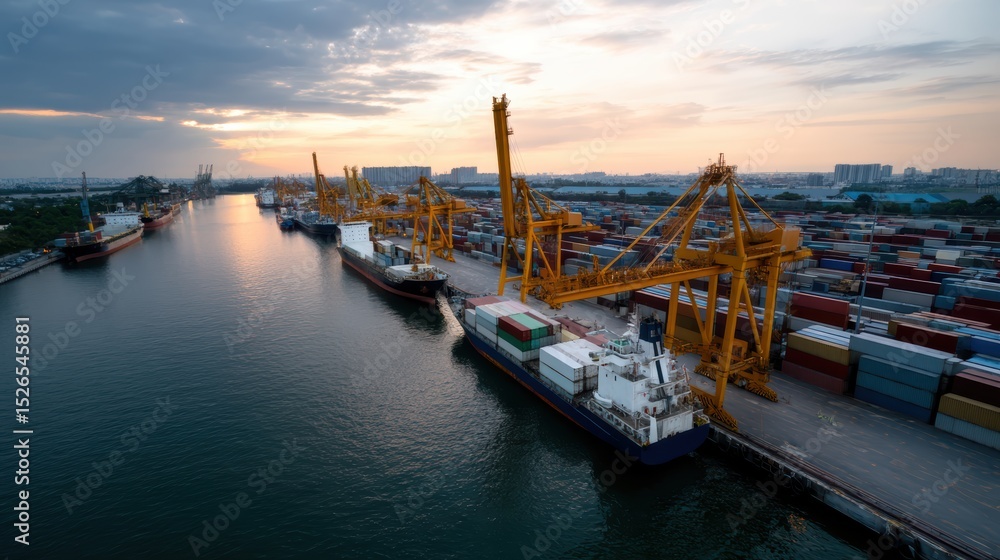 Naklejka premium Bustling port scene featuring automated cranes and cargo ships, showcasing vibrant containers stacked along waterfront. sunset casts warm glow over industrial landscape, creating serene yet