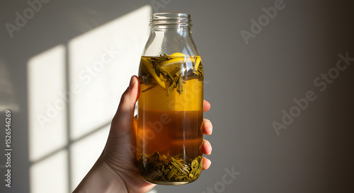 Refreshing Brew: A hand delicately cradles a glass bottle, a vessel of sunshine filled with a golden, refreshing beverage containing fruit. The drink rests gently, highlighted by sunlight.