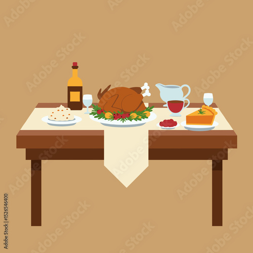 Traditional holiday dinner with roasted turkey and side dishes on table  