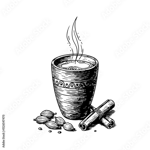 Hand-drawn sketch of a dark coffee cup with steam and cinnamon sticks. Aromatic rustic feel, ideal for homemade coffee concepts.