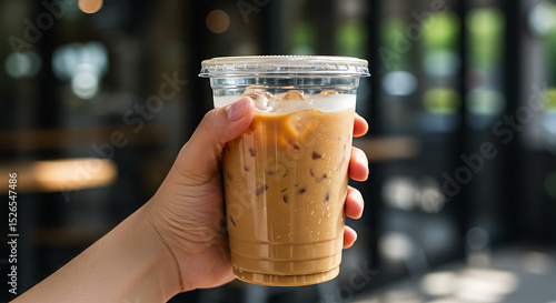 Iced Coffee Refreshment: A refreshing iced coffee in a clear cup held by a person, presenting the perfect blend of chilled coffee and ice on a sunny day.