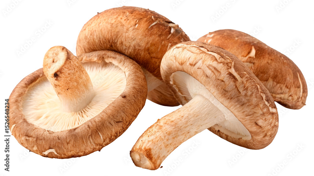 Fototapeta premium Group of fresh brown shiitake mushrooms PNG isolated on transparent background. Edible fungus used in Asian cuisine, perfect for healthy eating, vegetarian, cooking ingredients, or packaging design.