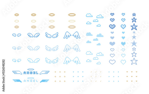ドット絵　かわいい天使の羽の装飾イラストセット　翼　雲　光の輪　ピクセル