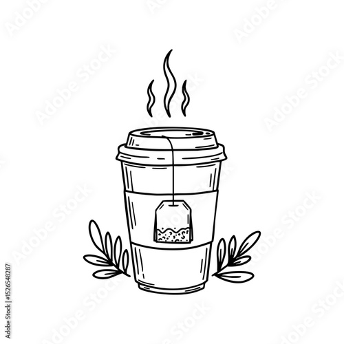 Hand-drawn sketch of a disposable coffee or tea cup with a sleeve. Ideal for branding delivery services or coffee shops