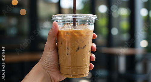 Iced Coffee Delight: A refreshing iced coffee, presented in a transparent cup, is held delicately in a hand, creating a perfect blend of refreshment and style.