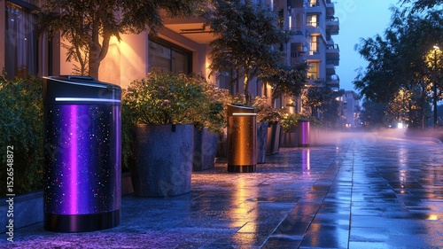 Futuristic self-cleaning trash cans illuminate a rainy urban street at night with vibrant colors and modern architecture in the background. Robotics and automation