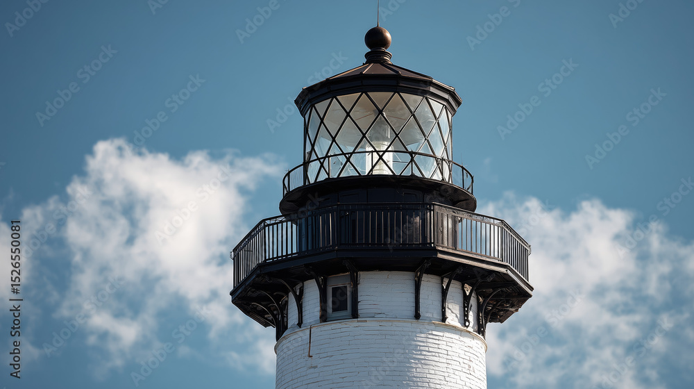 Close-Up of Historic Lighthouse Lantern Room with Black Iron Balcony & Frosted Glass Close-Up of Historic Lighthouse Lantern Room with Black Iron Balcony & Frosted Glass