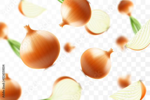 Falling onion, isolated on transparent background, selective focus. Flying onion with blurry effect. Can be used for advertising, packaging, banner, poster. Realistic 3d vector illustration