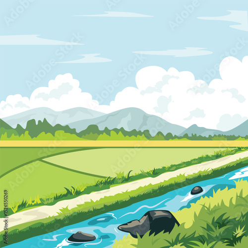 vector illustration of rice field landscape with mountains and irrigation river