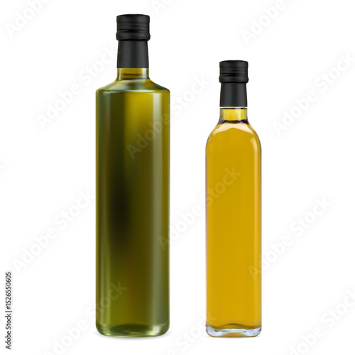 Natural organic oil bottle, yellow and green glass set. Fresh extra virgin olive oil bottle collection. Italian cuisine medditerian diet meal vegetable fat. yellow glass square bottle