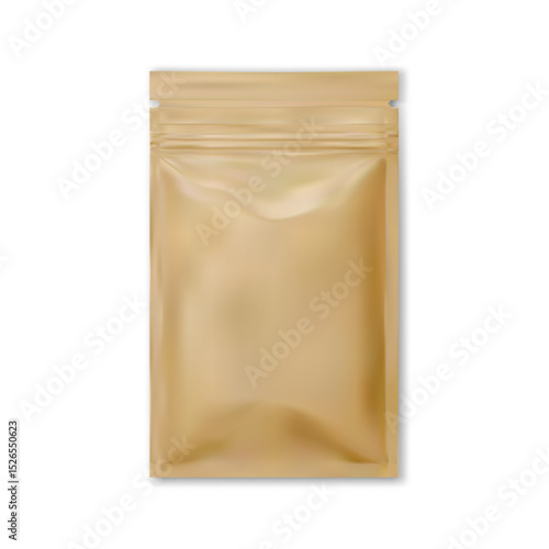 Craft paper pouch mockup, snack brown sachet. Organic food paper bag, realistic zipper design packet. Recycling packaging blank for tea, cookie or candy, no logo or branding