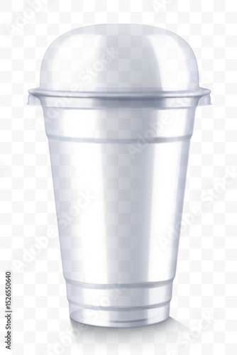 Clear empty plastic cup with sphere dome lid, isolated on transparent background. For milkshake and lemonade and smoothie. Takeaway beverage container. Realistic mockup, 3d vector illustration