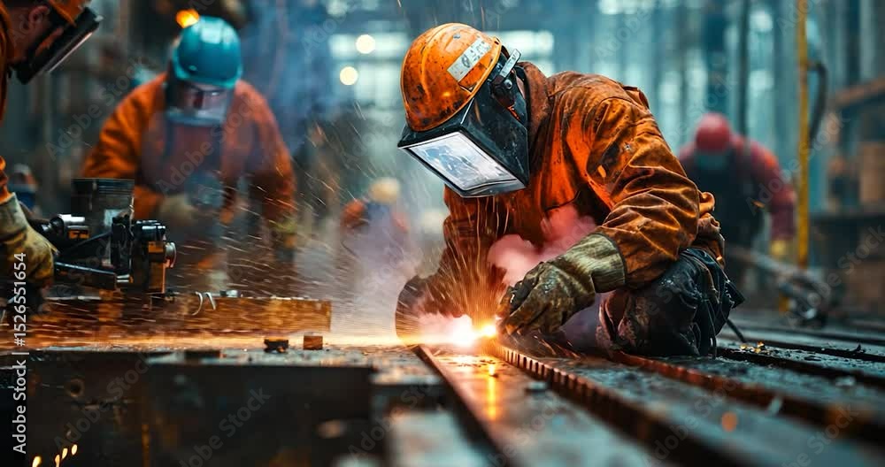 Industrial worker performing welding operation with sparks and protective gear Industrial worker performing welding operation with sparks and protective gear