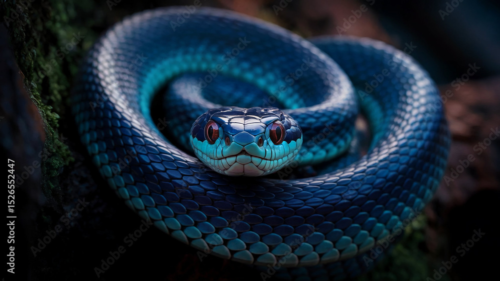Fototapeta premium Vibrant Blue Snake Coiled in Mystical Forest Setting