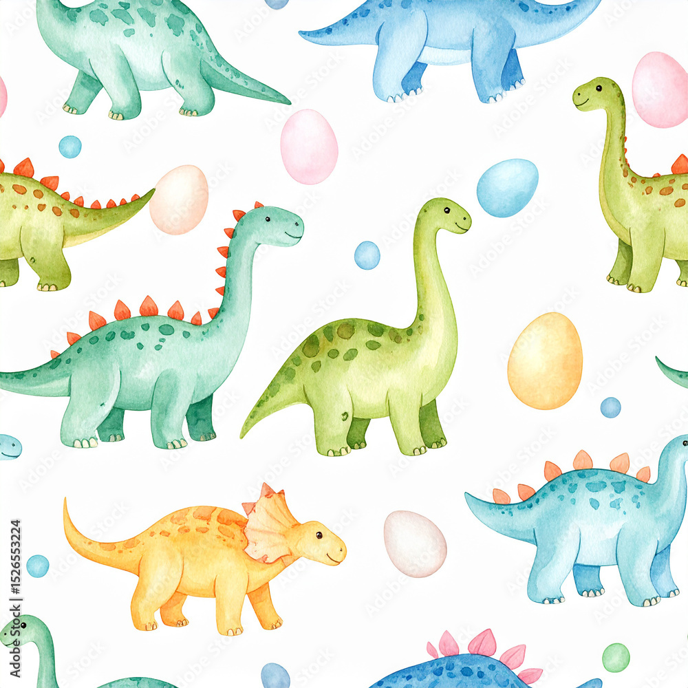 Obraz premium watercolor seamless pattern with dinosaurs and eggs