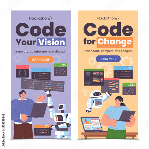 Hackathon Hand drawn flat Vertical banners Set
