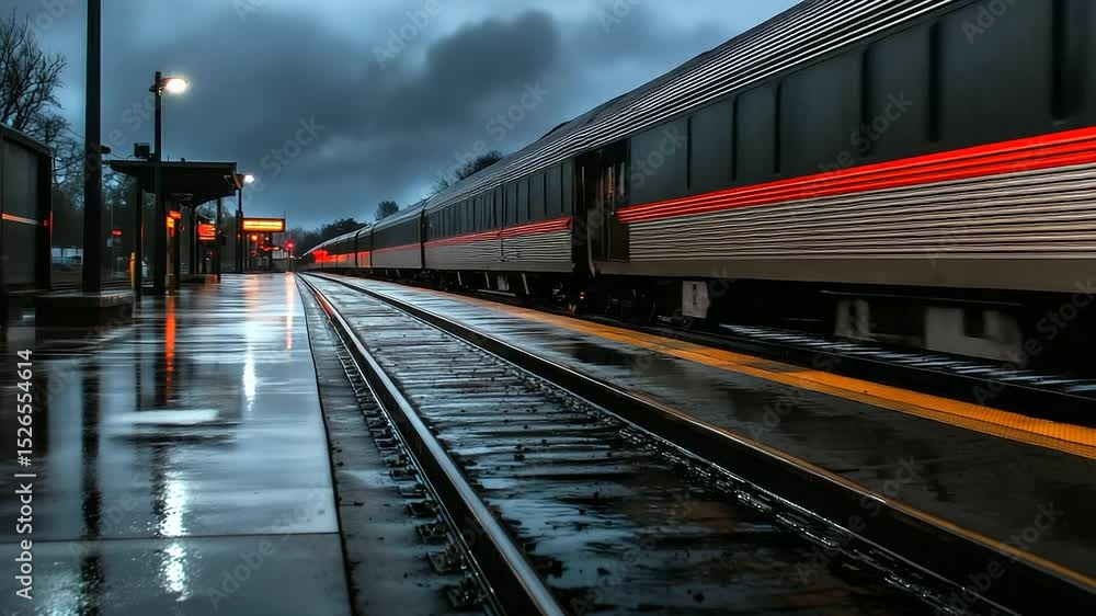 Train resting silently at deserted station under overcast skies, steel tracks glistening after rain Train resting silently at deserted station under overcast skies, steel tracks glistening after rain