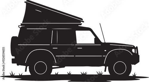 Silhouette of Off-Road SUV with Roof Tent – Camping Vehicle, Adventure Travel, Overlanding, Outdoor Expedition Illustration

