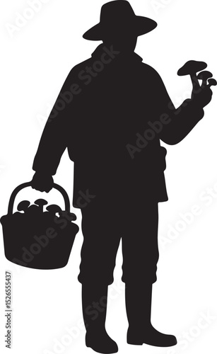 Silhouette of Farmer Holding Mushroom and Basket – Foraging, Organic Harvest, Rural Life, Mushroom Picking Illustration


