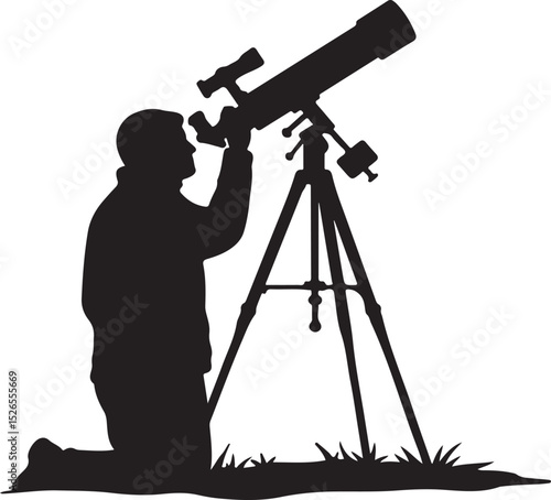 Silhouette of Man Using Telescope for Stargazing and Astronomy Observation on Tripod

