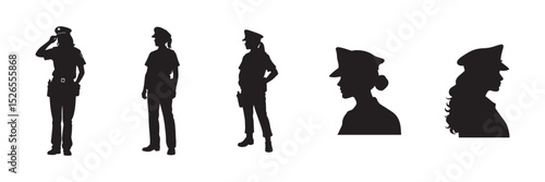 Lady Police Officer silhouette black vector illustration on white background