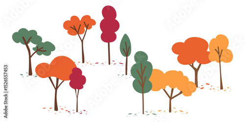 Autumn trees. Colorful garden tree, autumnal garden bush and fall season tree leaves. Forest gold and green branches, autumn yellow and orange park trees. Isolated vector illustration icons set