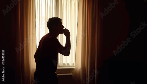 Silhouette of person blowing into heating vent in cozy room, warmth concept