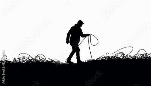 Silhouette of person navigating tangled cables, overcoming challenges