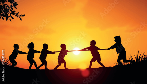 Children playing tug of war at sunset, youthful joy