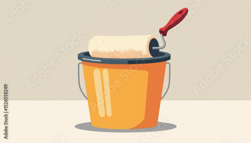 Dried paint roller in orange bucket, painting concept