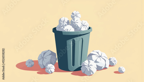 Crumpled paper balls around trash bin, waste management concept