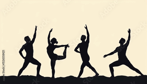 Synchronized yoga poses by silhouettes, harmony in motion