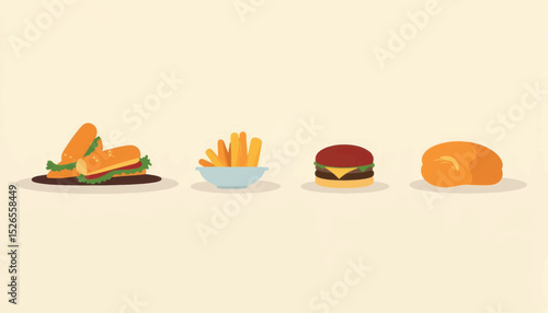 Minimalist food portions progression in flat style, visual appetite