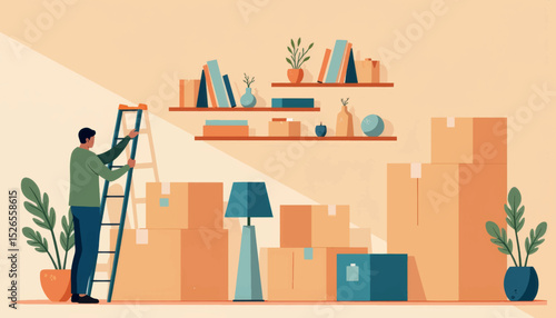 Person assembling flat-pack shelf with boxes, home organization