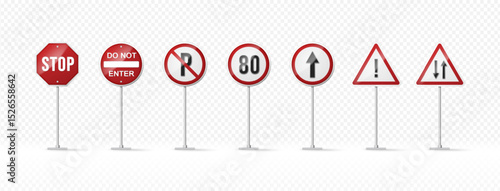 Set of realistic red and white road signs including stop, do not enter, no parking, speed limit, warning, and direction, on transparent background.