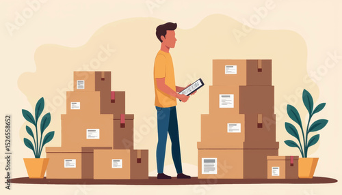 Person organizing storage boxes in a cozy interior, efficient labeling