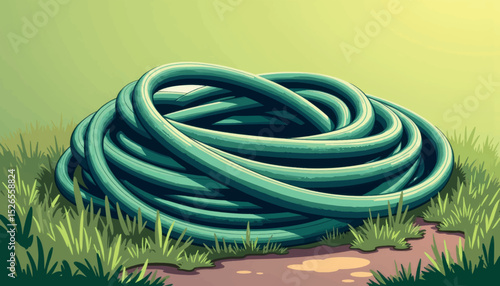 Tangled garden hose on grass in bright sunlight, gardening concept