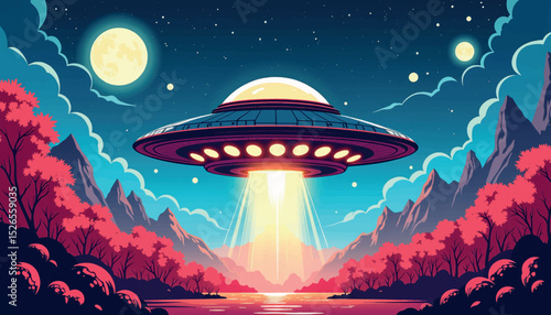 Mysterious UFO illuminating tranquil landscape at night, extraterrestrial exploration